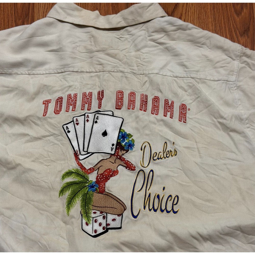 Tommy Bahama Silk Shirt Mens M Beige Casino Dealers Choice Camp Hawaiian Aces